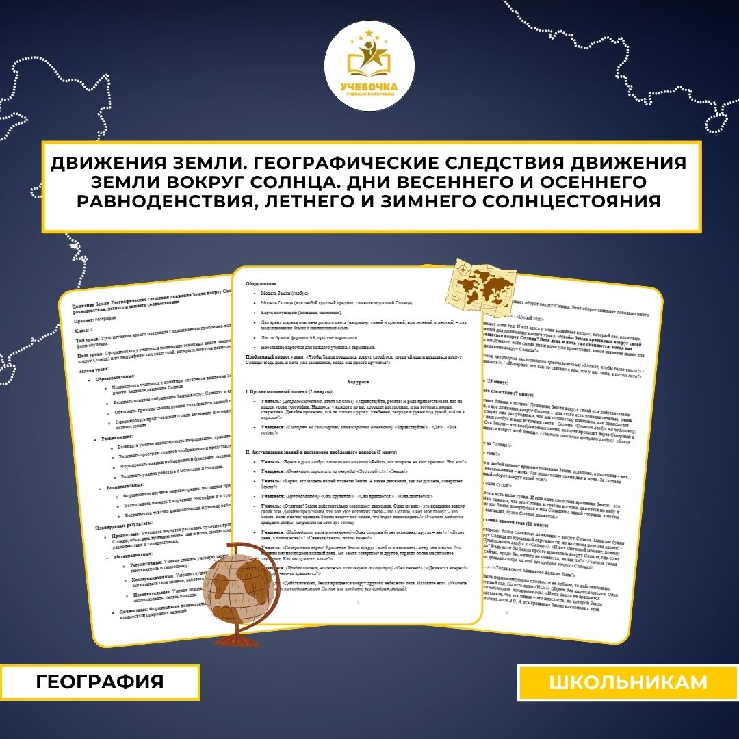 Движения Земли. Географические следствия движения Земли вокруг Солнца. Дни весеннего и осеннего равноденствия, летнего и зимнего солнцестояния. География, 5 класс.