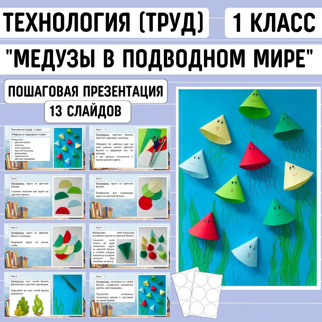 Пошаговая презентация по технологии «Медузы в подводном мире», 1 класс