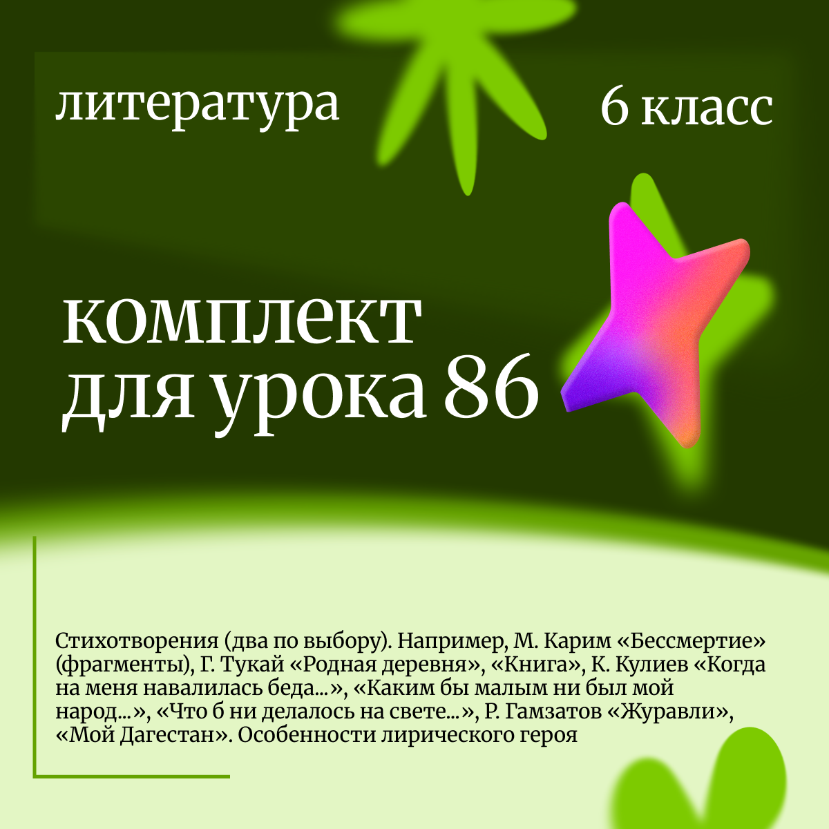 Литература 6 класс. Урок 86 Стихотворения (два по выбору). Например, М. Карим «Бессмертие» (фрагменты), Г. Тукай «Родная деревня», «Книга», К. Кулиев «Когда на меня навалилась беда…», «Каким бы малым ни был мой народ…», «Что б ни делалось на свете…»